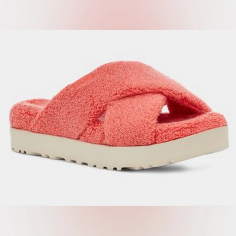 Ugg Fuzz Sugar Terry Cross Slide Sandals Peach Bliss - Picture 3 of 7